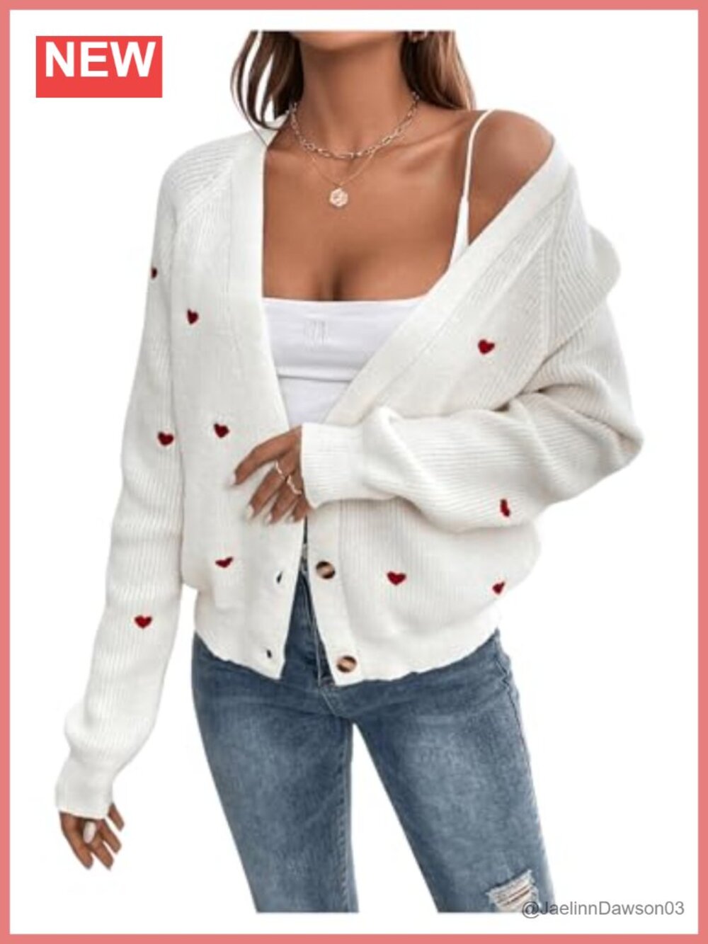 Women's Heart Print Button Down Cardigan V Neck Long Sleeve Knit Sweater